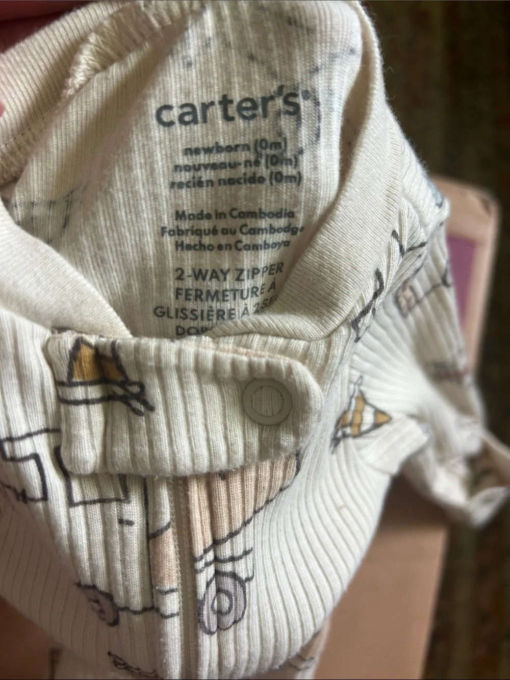 2 way zipper: Cream Ribbed Baby One-Piece with Construction Vehicle Print
